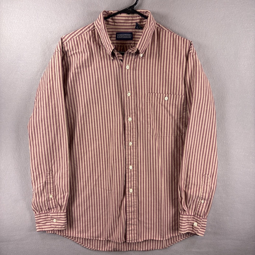 Vintage Lands End Oxford Button Down 16.5/35 Pinpoint Striped Clay Red OCBD